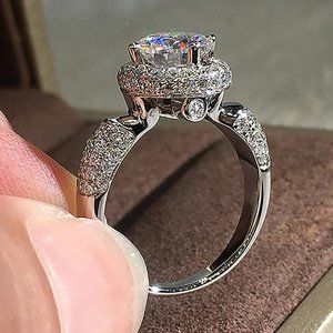 NEW 925 Silver Round Diamond Halo Engagement Ring